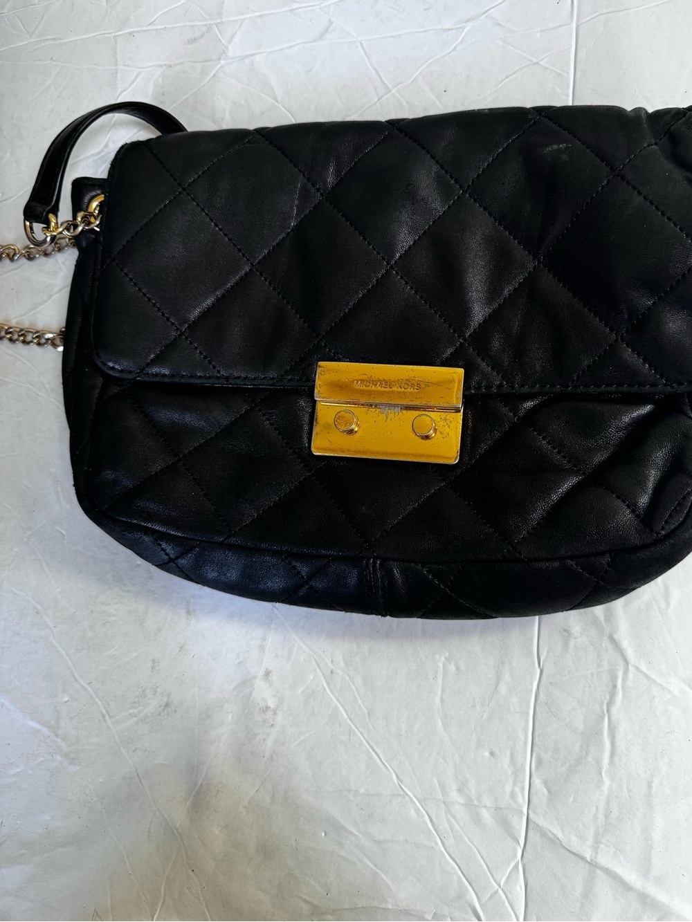 Michael Kors Leather Sloan Quilted Flap Shoulder Bag Chain Crossbody Black Gold - Picture 9 of 16